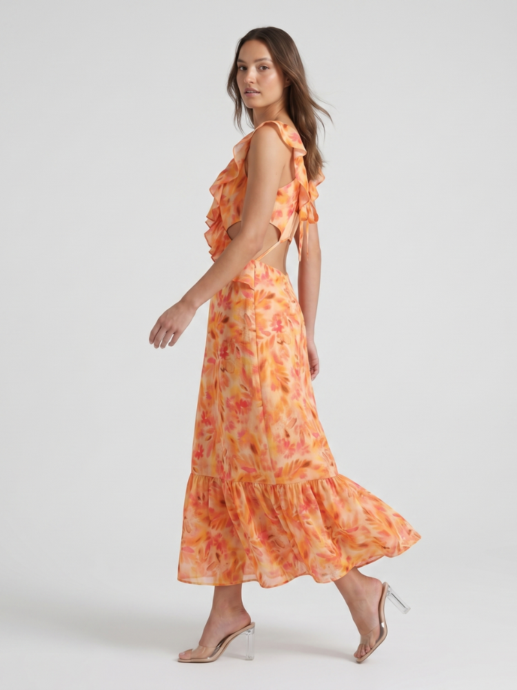 Women's Floral Ruffle V-Neck Maxi Dress