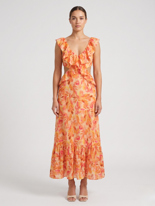 Women's Floral Ruffle V-Neck Maxi Dress