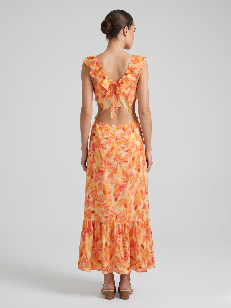 Women's Floral Ruffle V-Neck Maxi Dress