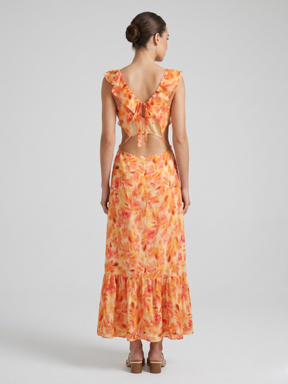 Women's Floral Ruffle V-Neck Maxi Dress