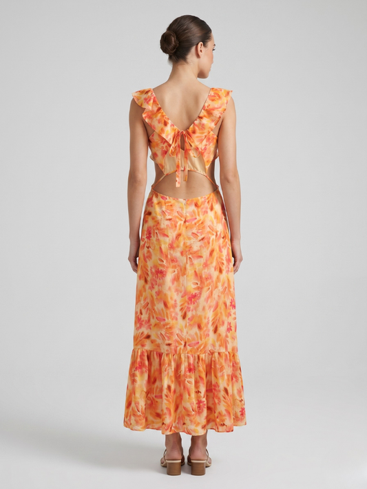 Women's Floral Ruffle V-Neck Maxi Dress