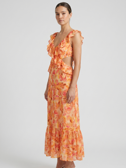 Women's Floral Ruffle V-Neck Maxi Dress